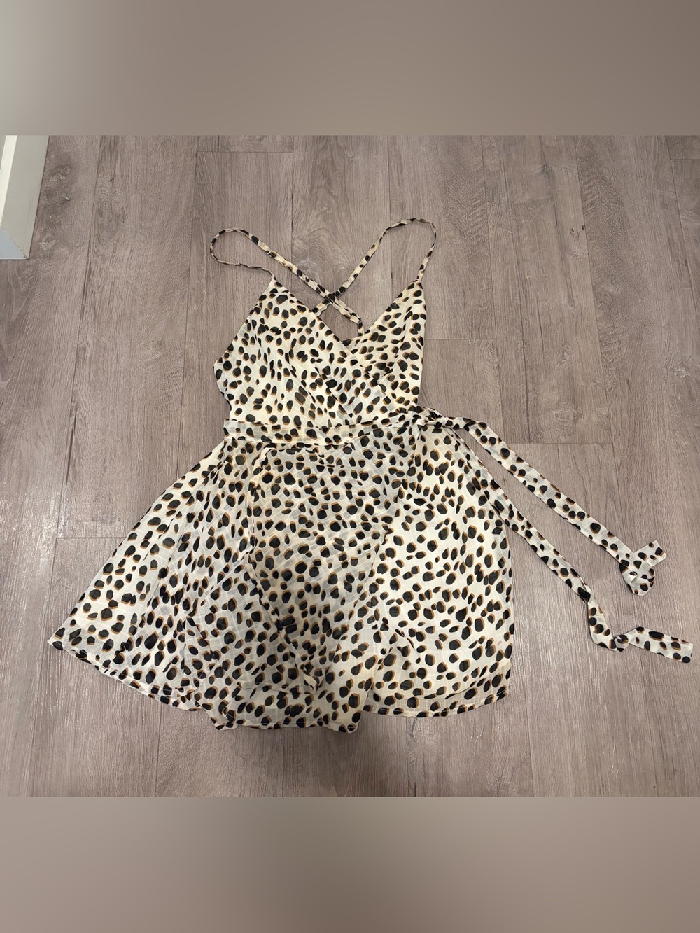 Cream Leopard Print Wrap RomperDress with Spaghetti Straps